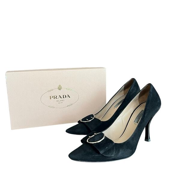 Prada Womens Vintage Y2K Camoscio Nero Black Suede Point Toe Silver Buckle Heels - Picture 1 of 13